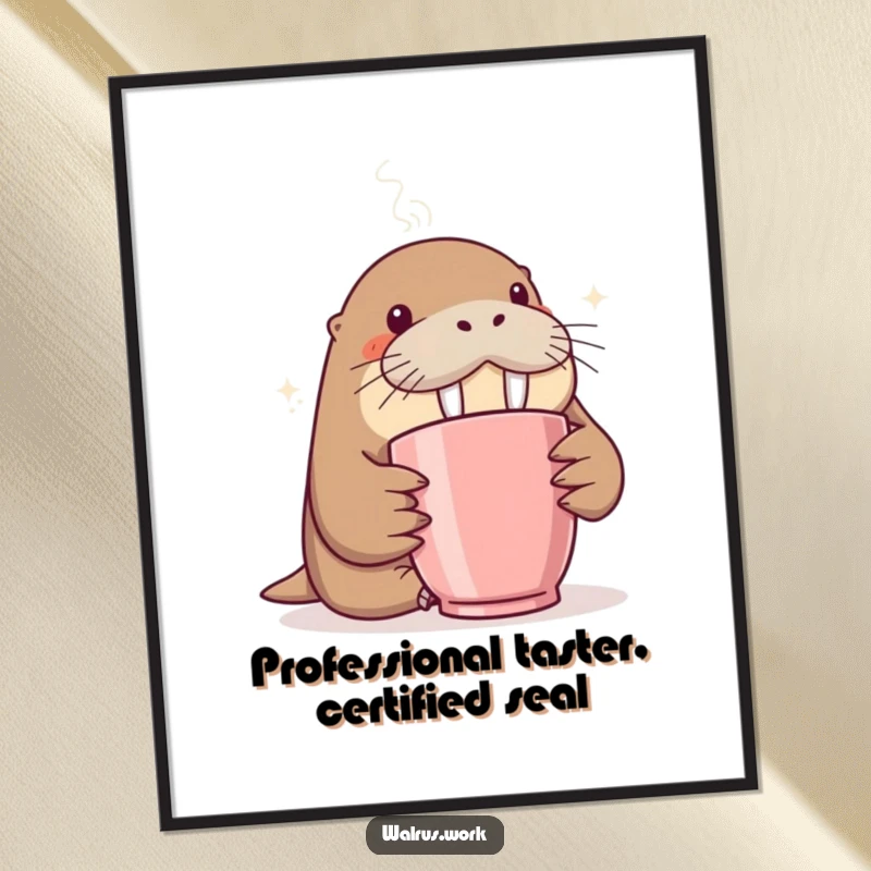 Funny poster art of a walrus curiously sniffing steam from a coffee mug, perfect for adding humor to any room.