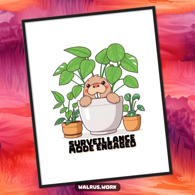 Funny poster featuring a curious walrus peeking out from behind a lush office plant, creating a humorous and charming wall art piece.