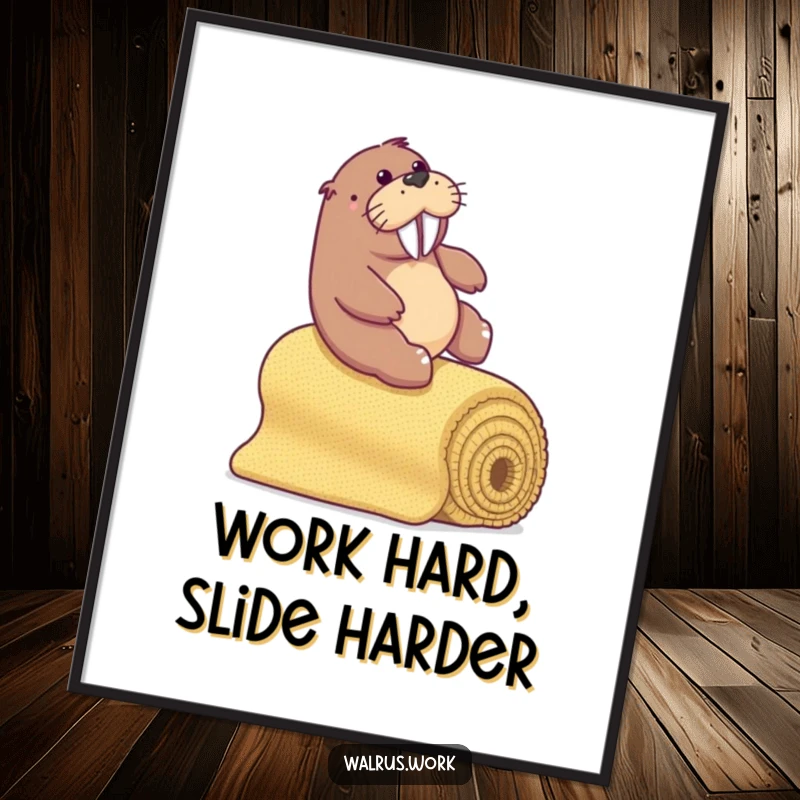 Funny walrus sliding down a bannister made of rolled office carpet, vibrant poster art.