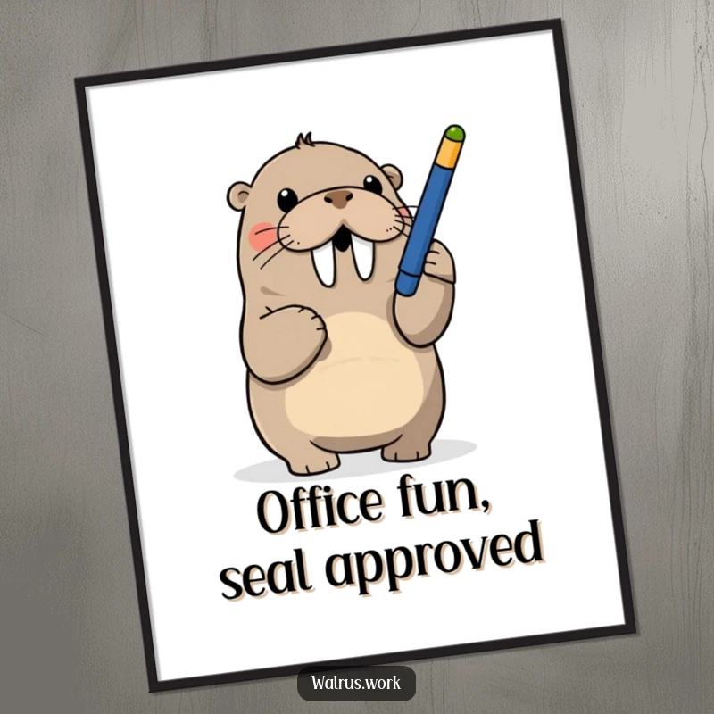 Funny poster art of a walrus playfully batting at a dangling pen, adding humor and personality to any room.