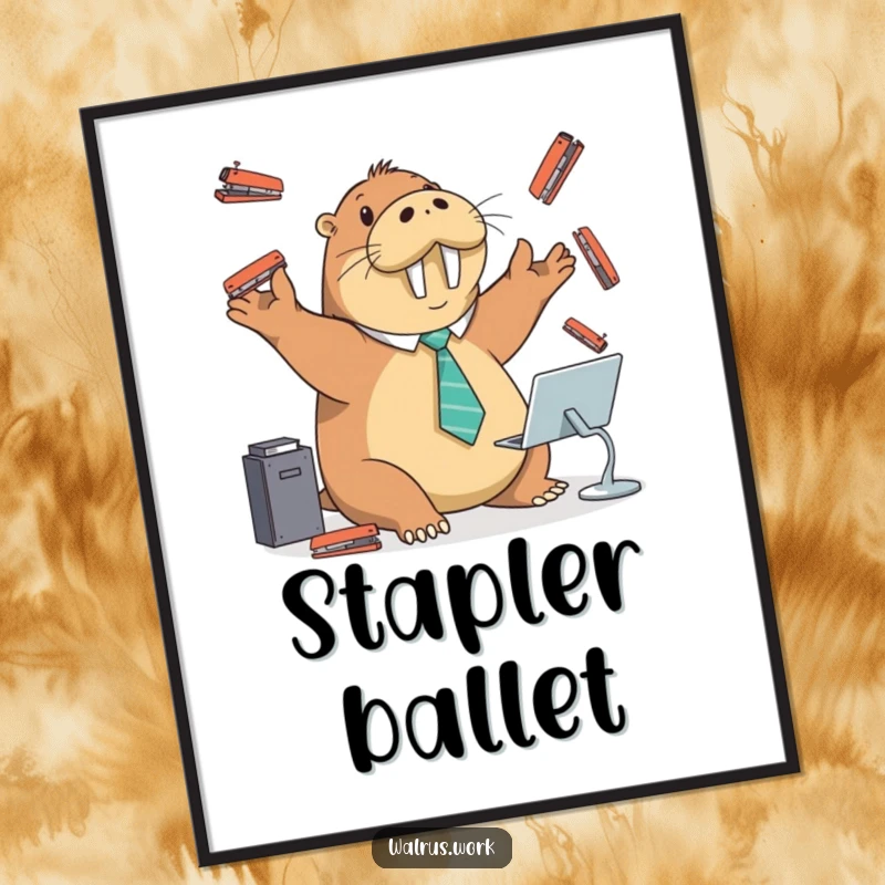 Funny poster of a walrus in a tiny tie juggling multiple staplers at a desk, perfect for office decor.