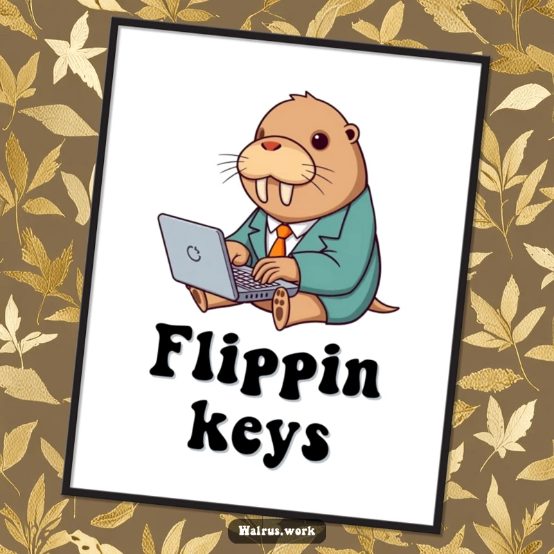 Funny poster of a walrus in a small suit intensely typing on a laptop, perfect for office decor.