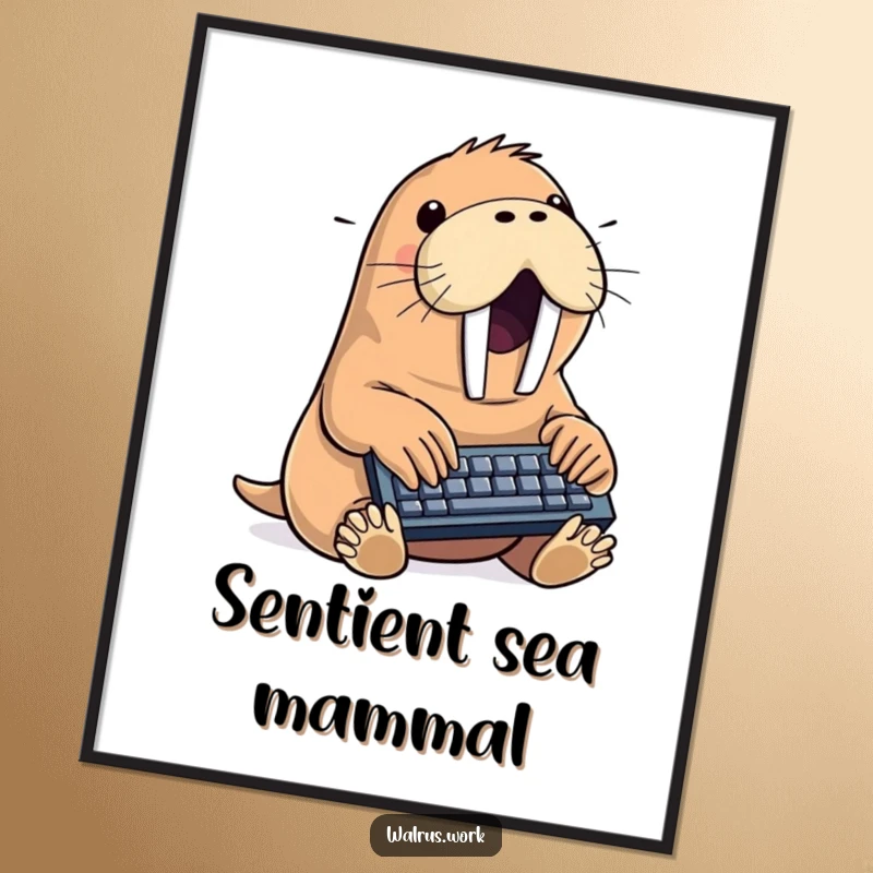 Funny walrus poster depicting a sea creature enthusiastically typing on a miniature keyboard, adding a whimsical touch to wall decor.
