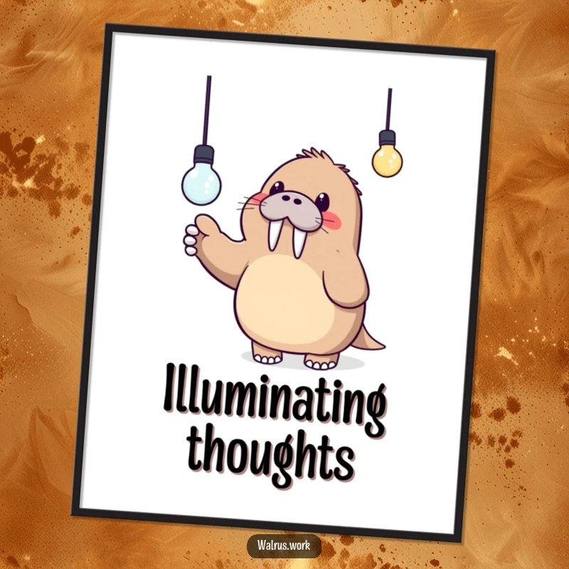 Funny poster art of a cute Kawaii walrus excitedly pointing at a glowing lightbulb, symbolizing creativity and discovery.