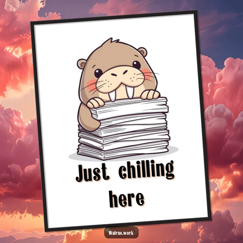 Funny poster of a walrus peeking from behind papers. Humorous office decor. Gift.