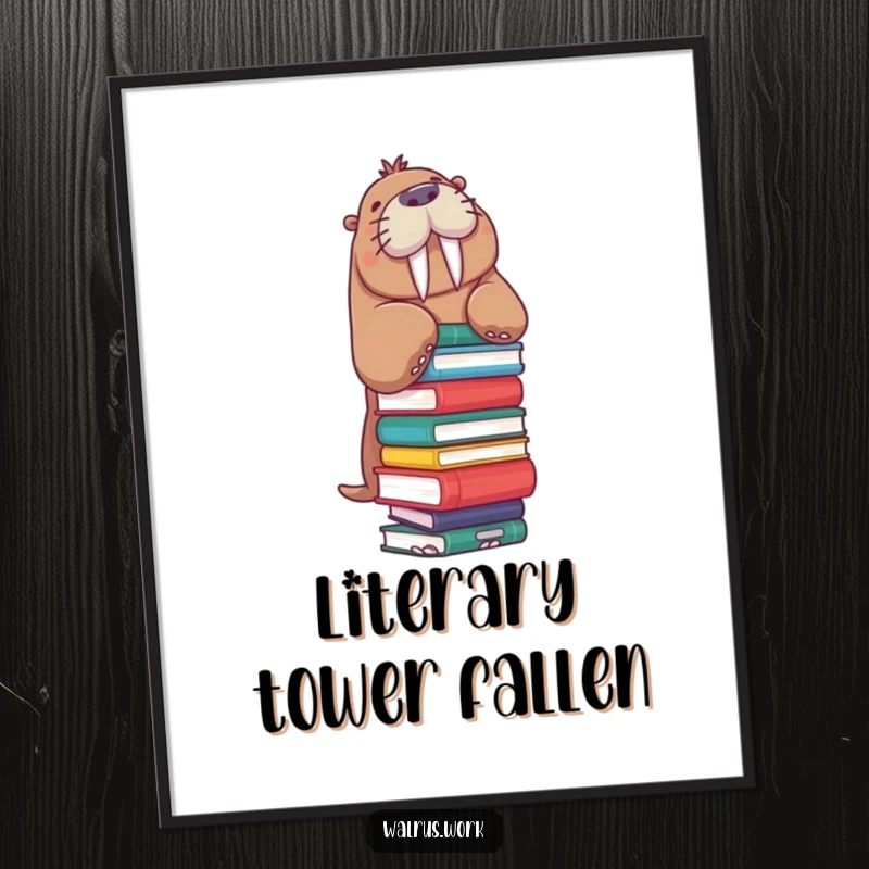 Funny Walrus Poster: A walrus precariously balances a large stack of books, depicting a humorous and studious moment in wall art.