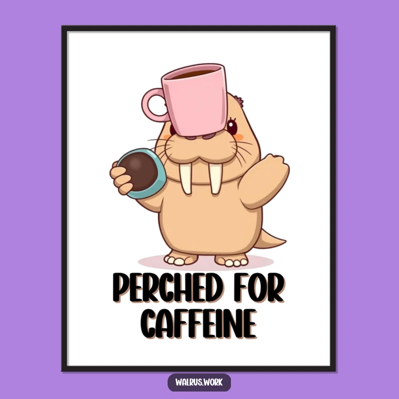 Funny Walrus Balancing Poster: Hilarious Coffee Art, Quirky Wall Decor Gift
