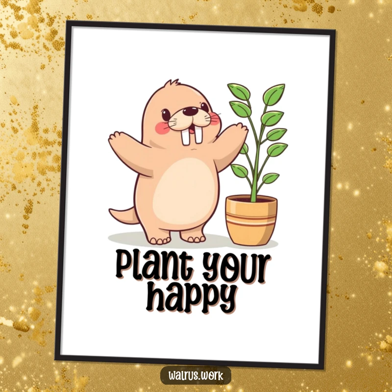 Funny poster art of a cute Kawaii walrus doing a happy dance next to a potted plant, symbolizing joy and vibrant life.