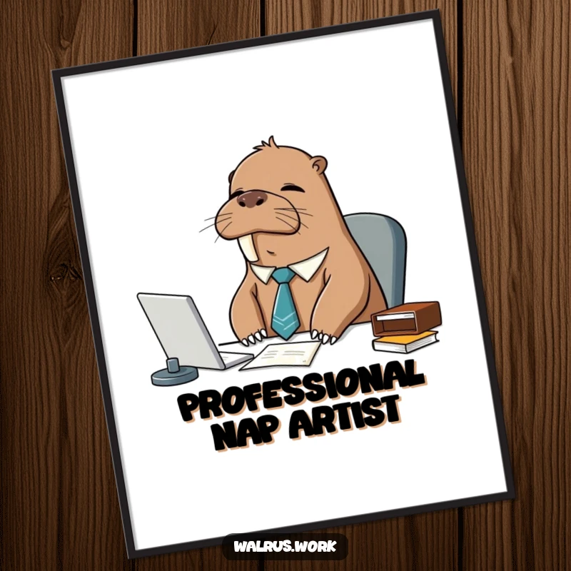 Funny sleepy walrus wearing a tie, dozing at an office desk, displayed as humorous wall art for a witty space.