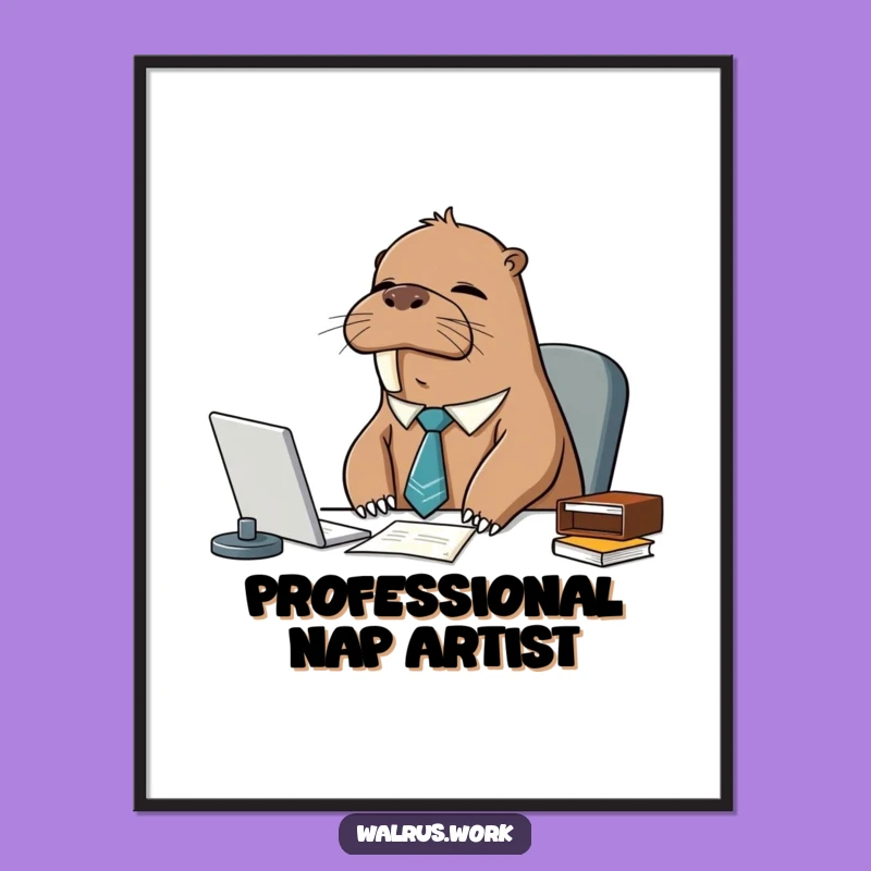 Funny Sleepy Walrus Tie Poster: Hilarious Office Art for Drowsy Decor