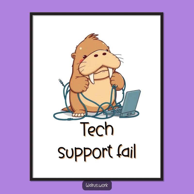 Funny Walrus Cable Chaos Poster: Tech Art, Perfect Humor Gift!