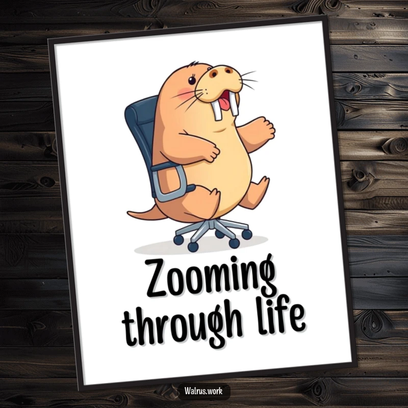 Funny energetic walrus poster showing a sea mammal hilariously attempting to ride a rolling office chair, a dynamic funny gift.
