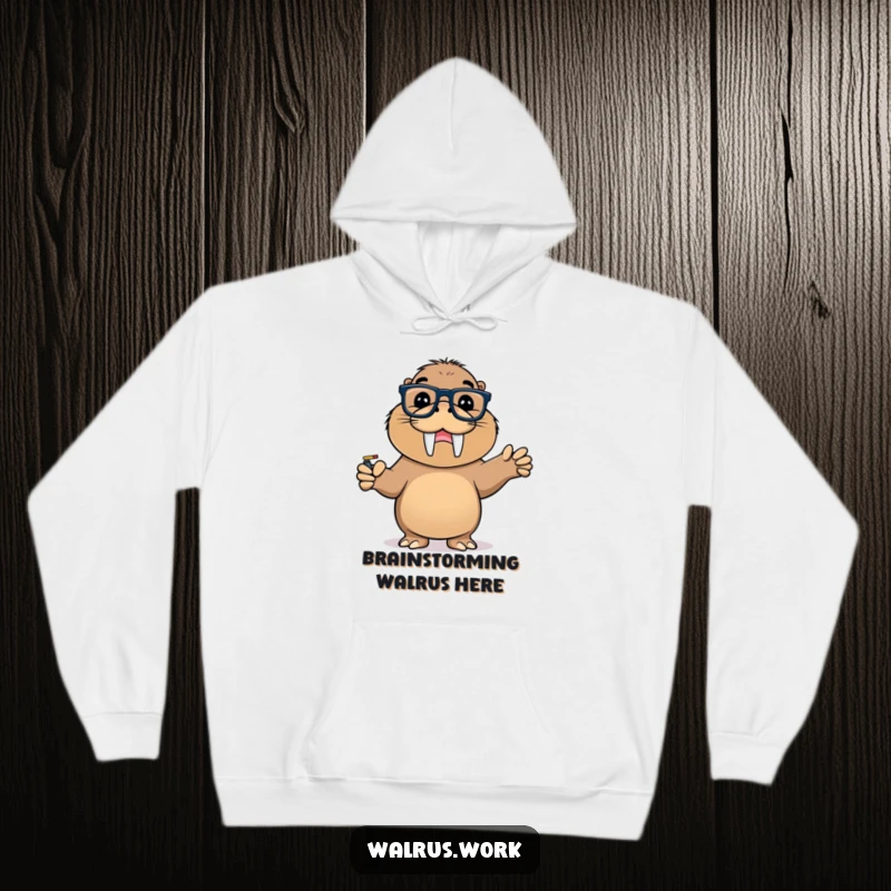 Funny hoodie with a walrus wearing glasses, pointing triumphantly at a whiteboard, radiating intelligence and warmth.