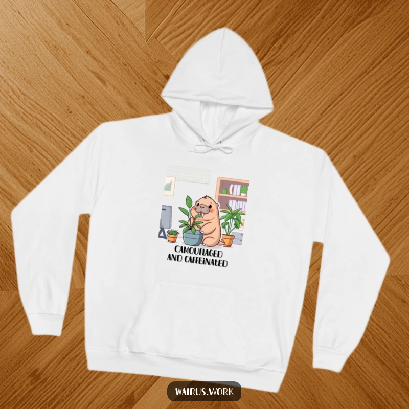 Funny office walrus hoodie featuring a walrus hiding behind a potted plant, ideal for cozy humor.