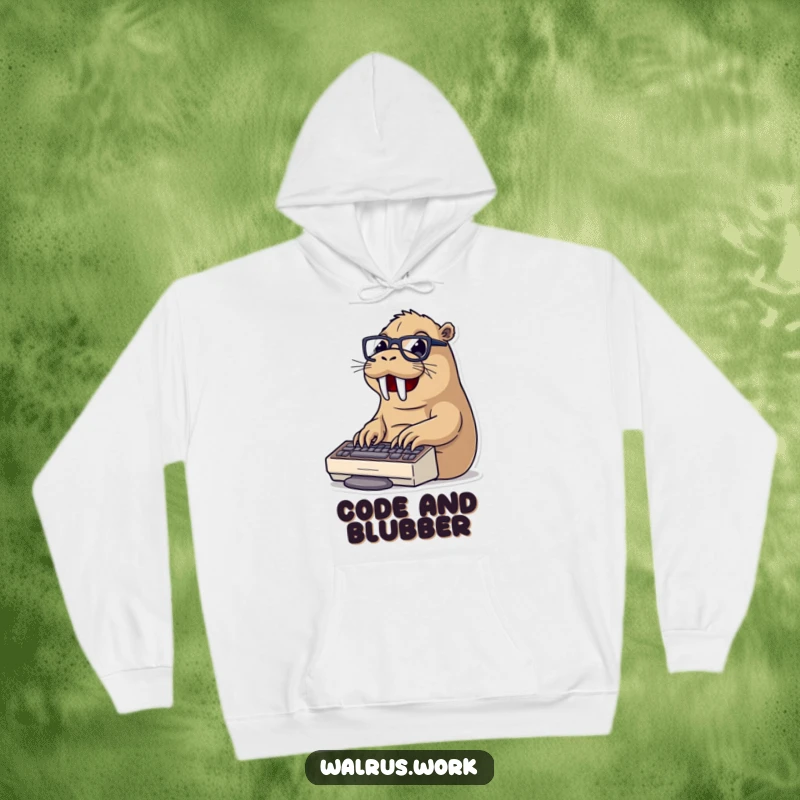 Funny typing walrus hoodie showing a walrus wearing glasses, typing excitedly on a keyboard, perfect for staying warm while working.