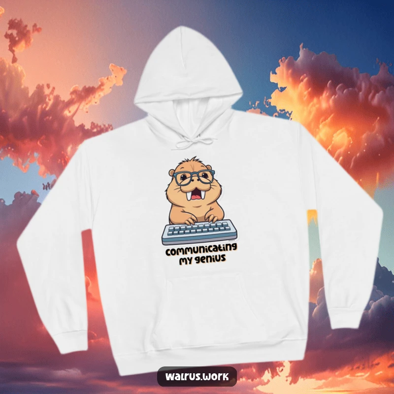Funny hoodie depicting a walrus wearing glasses, typing excitedly on a keyboard, offering comfort and a humorous nod to productivity.