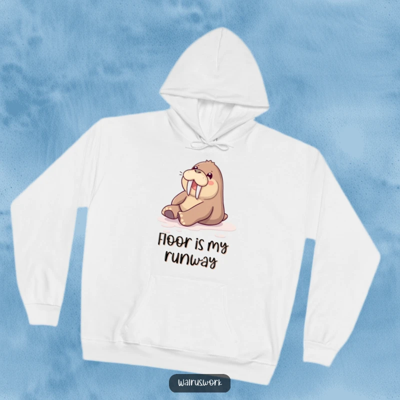 Funny hoodie showing a walrus in mid-slide on a polished floor, radiating happiness and warmth.