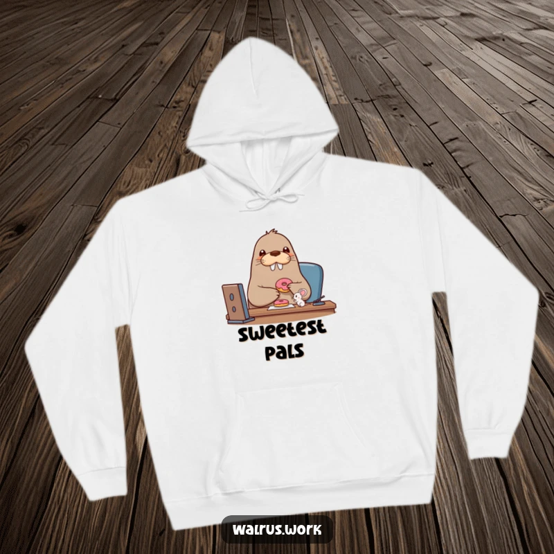Funny walrus hoodie showing a beaming walrus character sharing a donut with a tiny mouse, radiating warmth and friendship.
