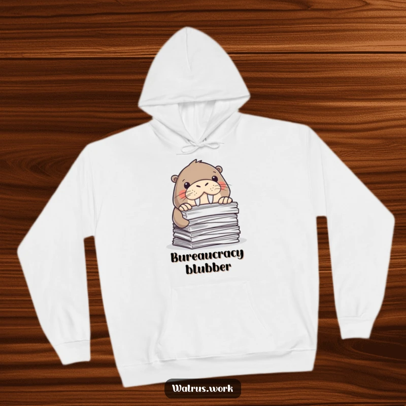 Funny hoodie featuring a walrus peeking from behind papers. Cozy and humorous for office dwellers. Great gift.