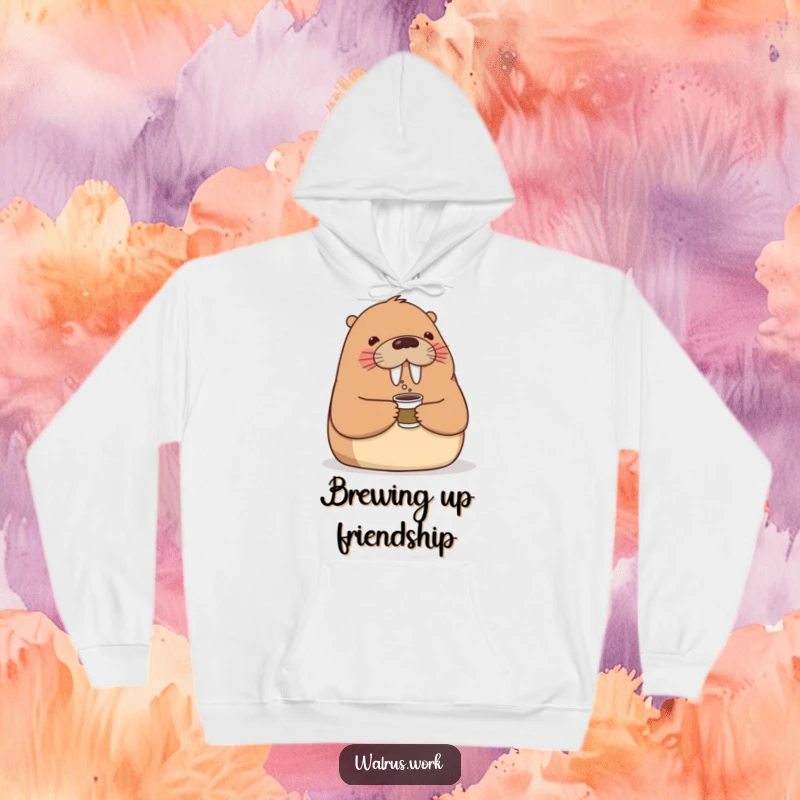 Funny hoodie with a cheerful walrus offering a tiny coffee cup to a colleague, perfect for cozying up with workplace positivity.
