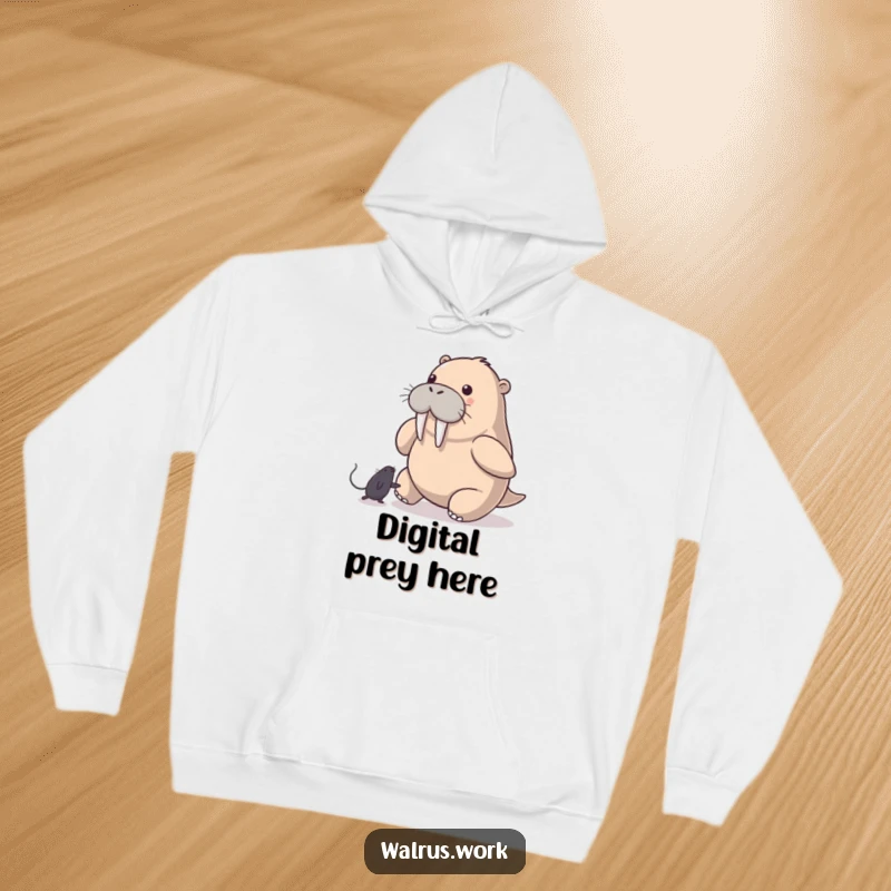 Funny Walrus Hoodie: A walrus playfully pursues a computer mouse pointer with great determination, bringing humor to this cozy sweatshirt.
