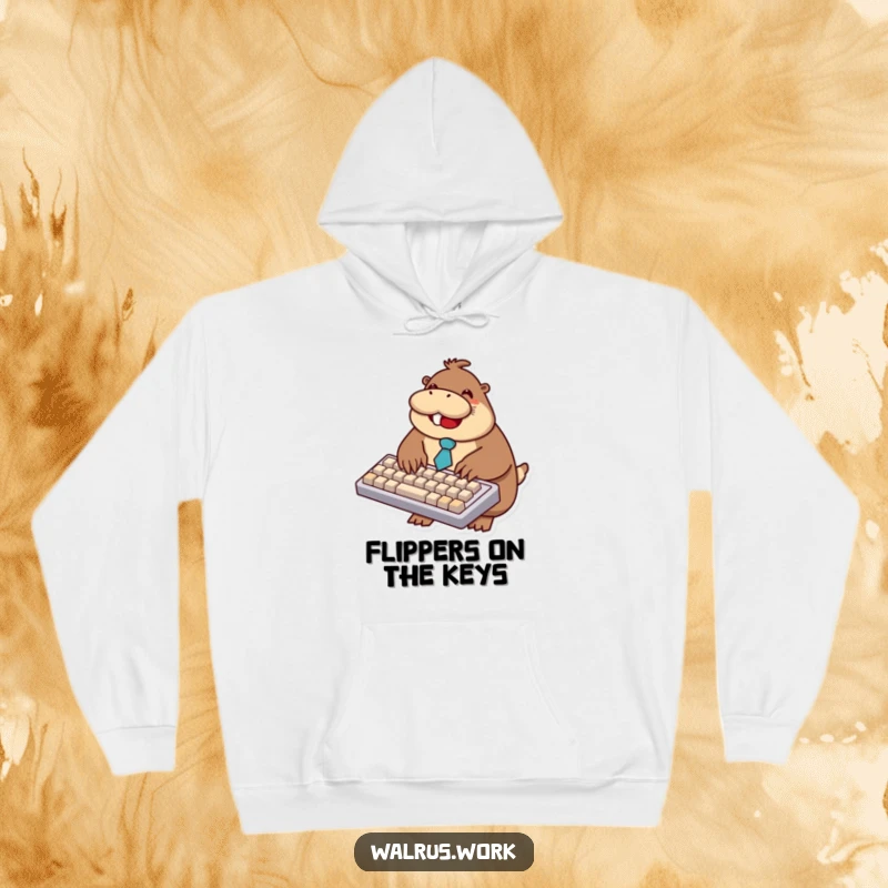 Funny walrus hoodie showing a smiling walrus in a small tie typing furiously on an enormous keyboard.