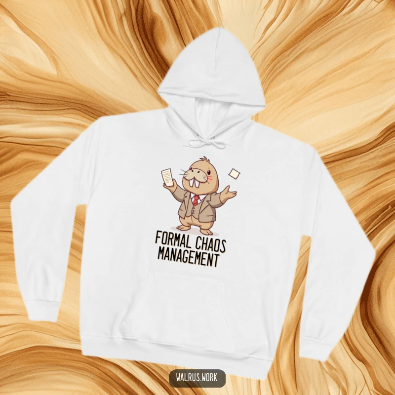 Funny hoodie depicting a walrus wearing a small suit, juggling numerous papers in a humorous display of professional multitasking.