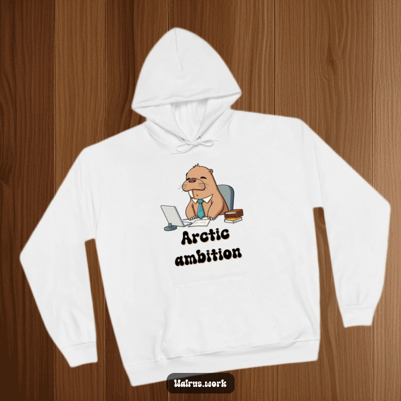 Funny sleepy walrus wearing a tie, looking exhausted at an office desk in a cozy, warm hoodie design.