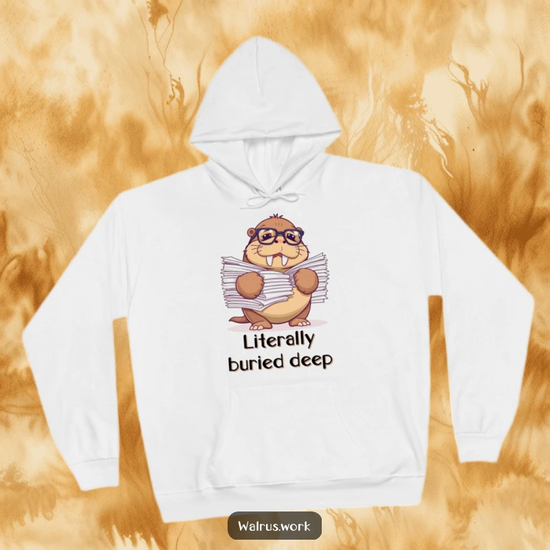 Funny hoodie depicting a walrus with reading glasses comically struggling with an overwhelming stack of papers.
