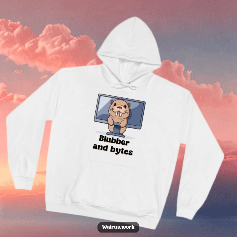 Funny tech walrus hoodie with a walrus peeking out from behind a computer screen, perfect for cozy online adventures.