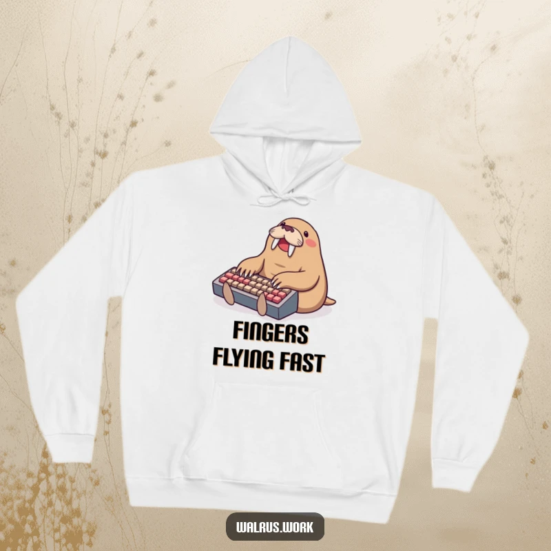 Funny typing walrus hoodie, a happy walrus using a comically small keyboard, perfect for tech enthusiasts and coding comfort.