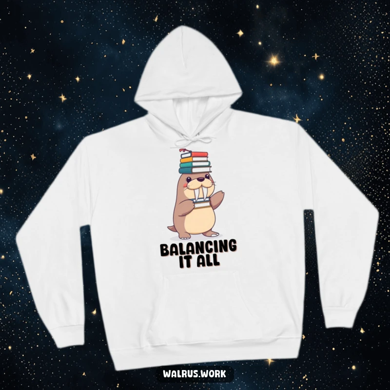 Funny hoodie depicting a playful walrus character precariously balancing a teetering tower of office supplies on its flippers.