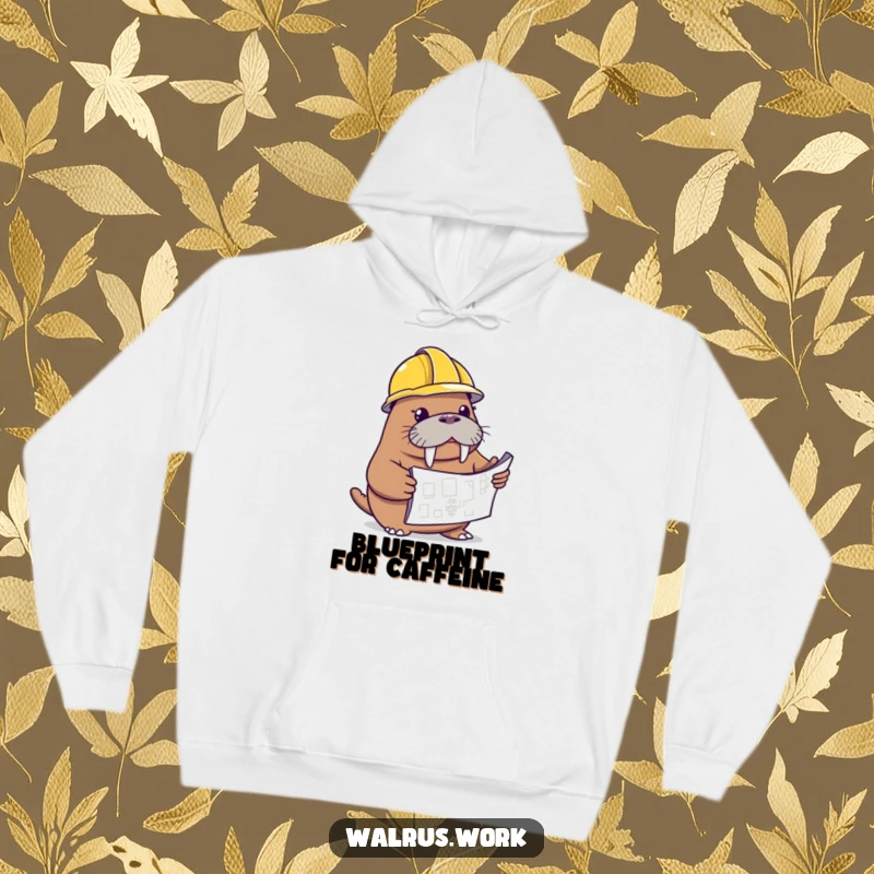 Funny walrus hoodie showing a walrus in a hard hat looking at a blueprint, great for builders.