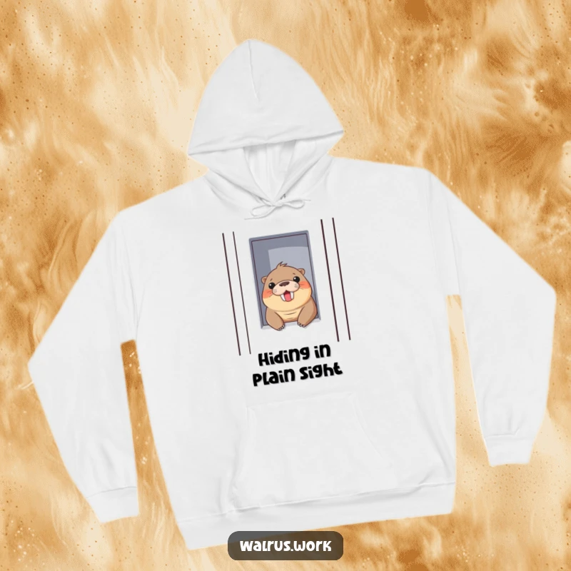 Funny hoodie with a walrus playfully peeking out of a cubicle wall with a cheerful smile, combining comfort and humor.