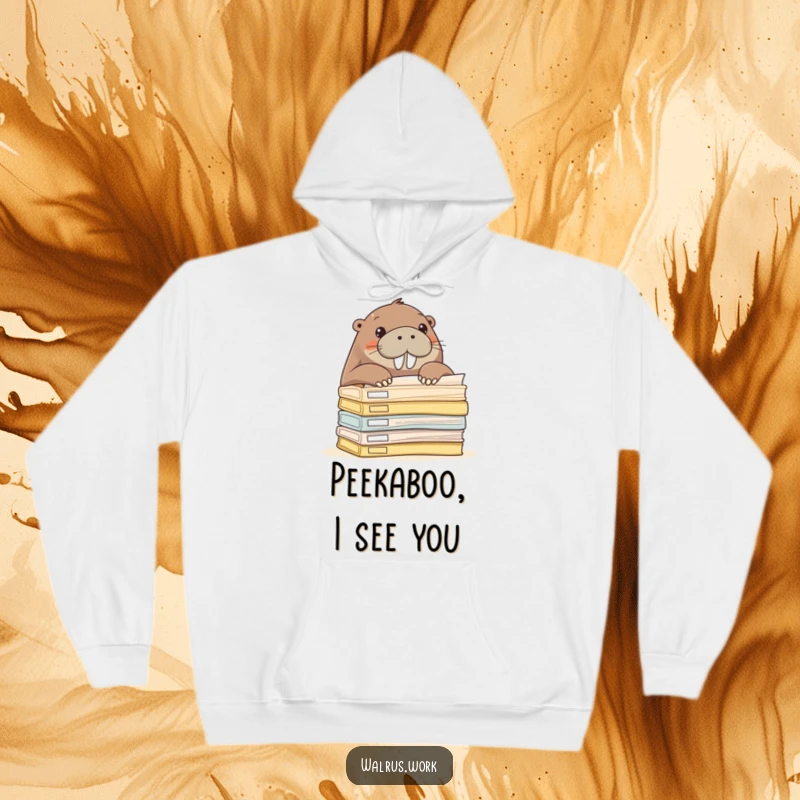 Funny walrus peeking over a large pile of office folders, warm and cozy hoodie.