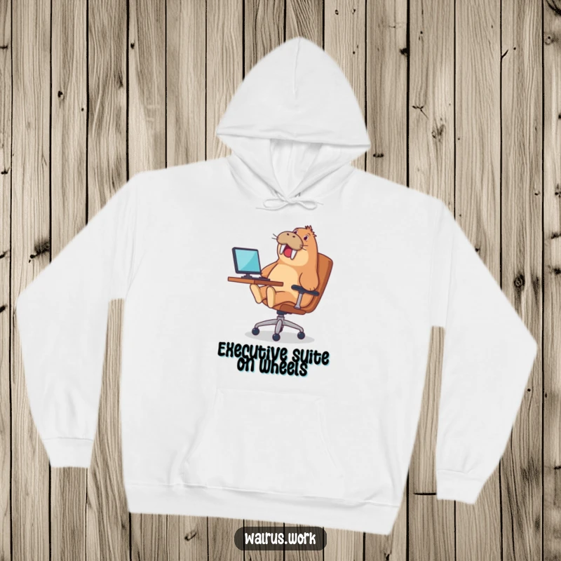 Funny hoodie with a walrus gleefully riding an office chair, a humorous and cozy piece of apparel.