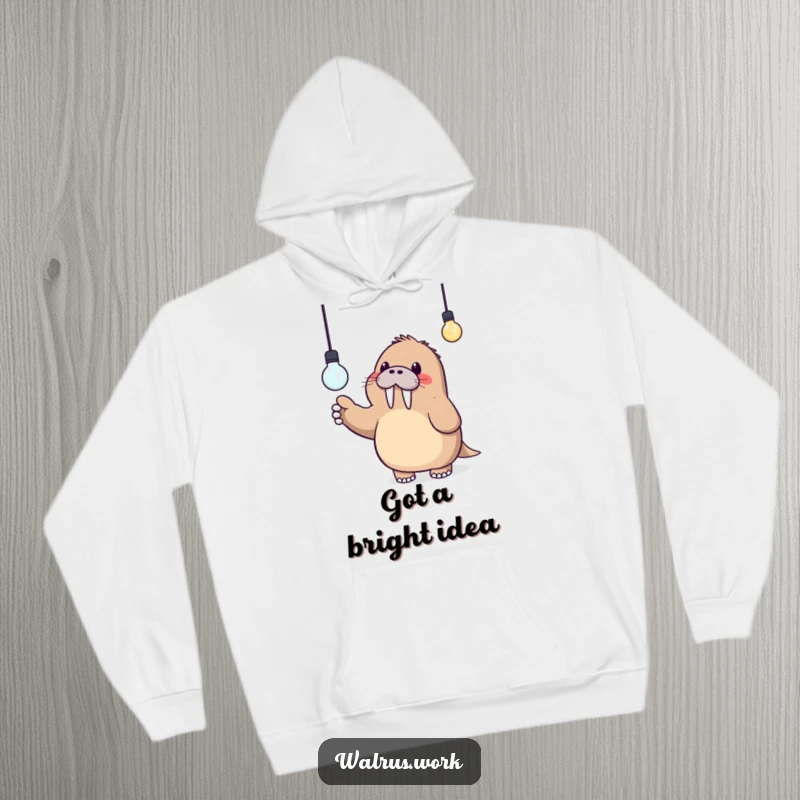 Funny hoodie featuring a cute Kawaii walrus pointing enthusiastically at a bright lightbulb, perfect for thinkers and dreamers.