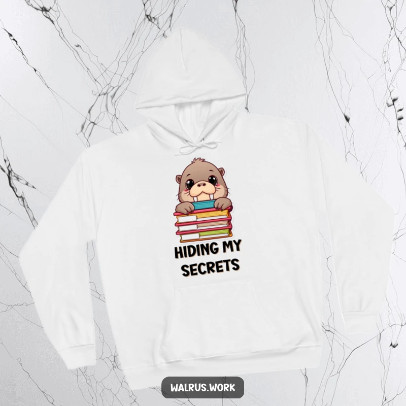 Funny hoodie depicting a curious walrus with wide eyes, peeking out from behind a large stack of vibrant file folders.