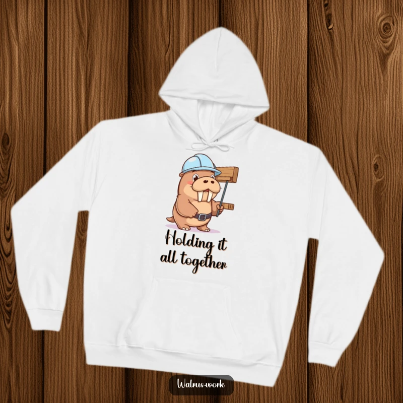 Funny walrus in a hard hat humorously propping up a sagging shelf, conveying warmth and support. Ideal funny gift hoodie.