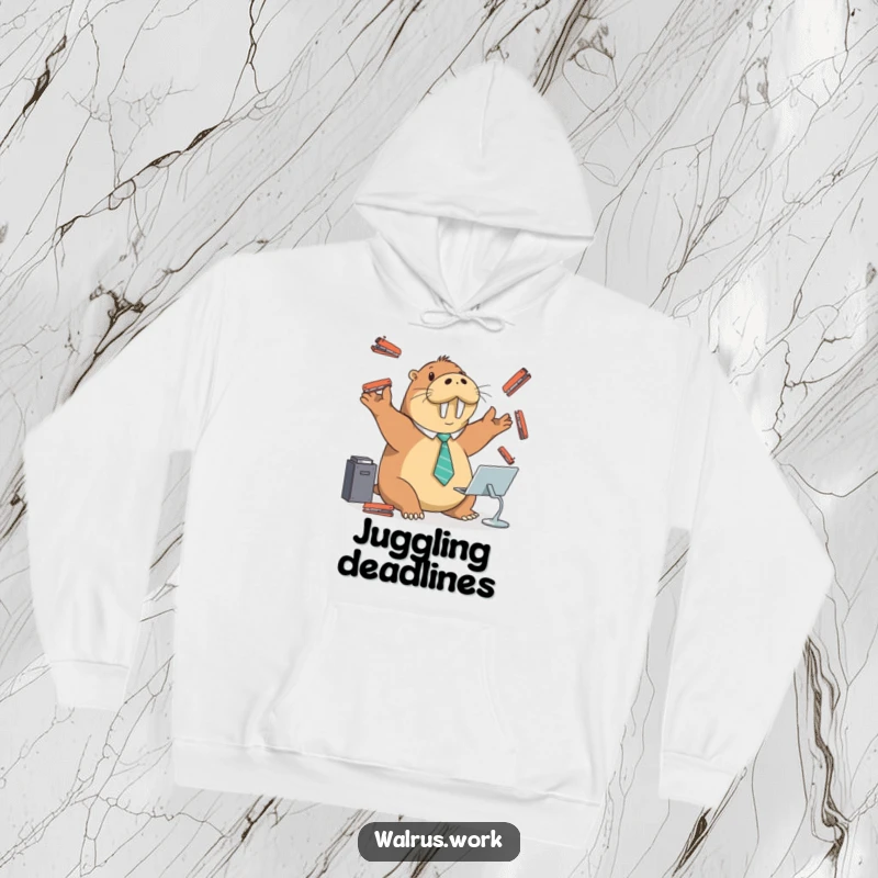 Funny hoodie with a walrus in a tiny tie playfully juggling staplers at a desk, combining comfort and humor.