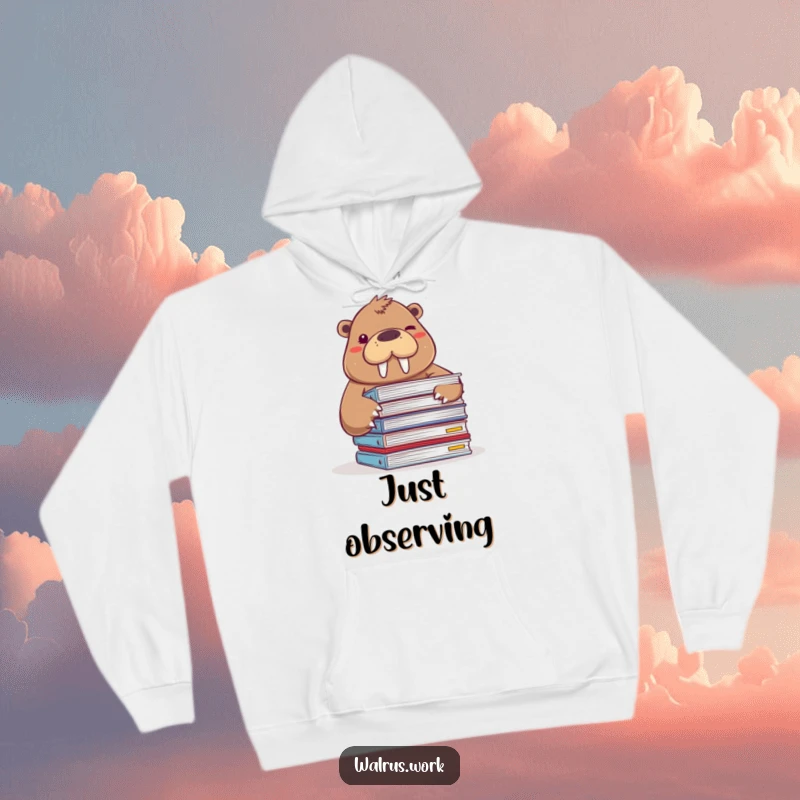 Funny hoodie featuring a walrus peeking from behind paperwork and winking, offering warmth and humor.