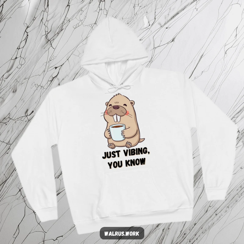 Funny hoodie with a contented walrus sipping coffee, offering warmth, comfort, and a dose of morning cheer.