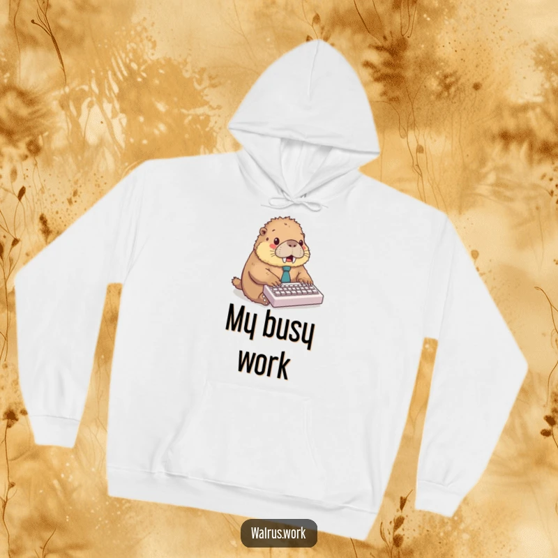 Funny hoodie with a fluffy walrus wearing a tie, excitedly typing on a miniature keyboard, perfect for cozy work sessions.