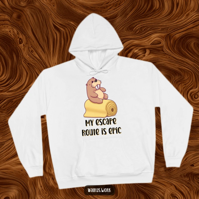 Funny walrus sliding down a rolled office carpet bannister, cozy and fun hoodie.
