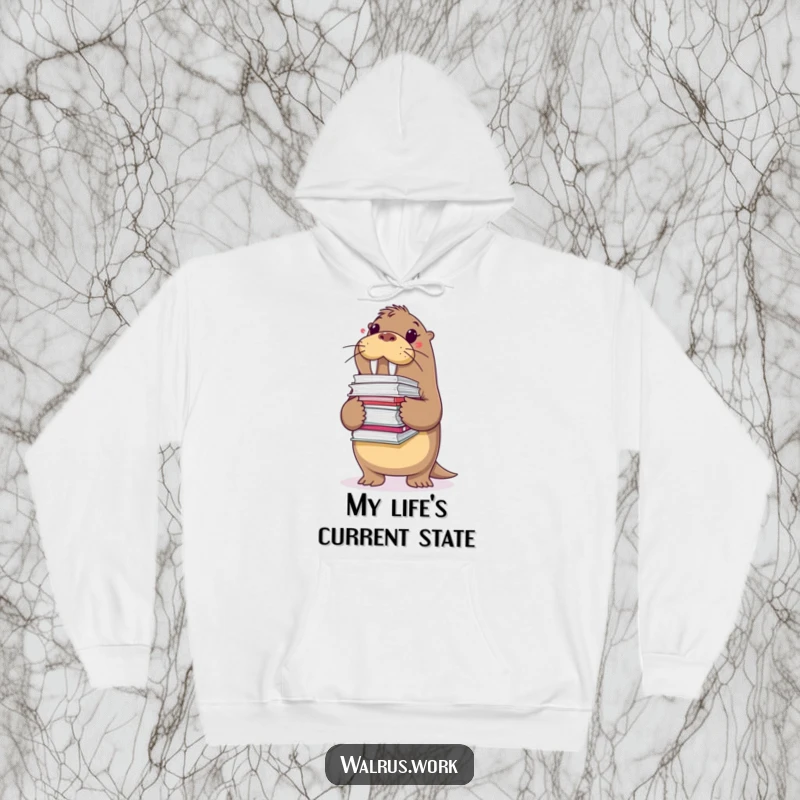 Funny hoodie depicting a walrus precariously holding numerous files, symbolizing the weight of responsibilities with a touch of humor.