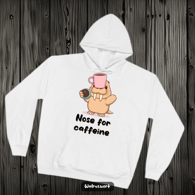 Funny walrus character balancing a coffee mug on its nose while wearing a cozy hoodie, looking perplexed.