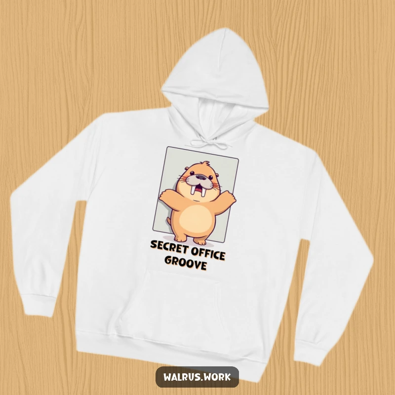 Funny happy dance walrus hoodie showing a joyful walrus grooving behind office cubicle walls, a cozy funny gift.