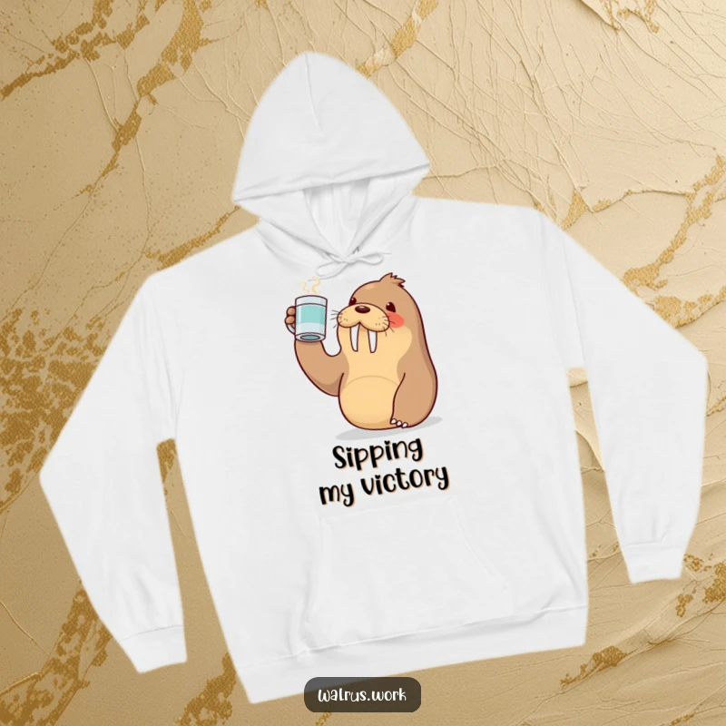 Funny hoodie showing a cute Kawaii walrus enthusiastically holding a coffee mug high in a toast, perfect for coffee lovers.