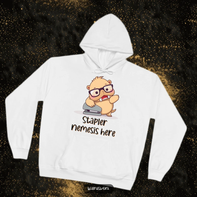 Funny Walrus Stapler Trip Hoodie: Comical walrus character with spectacles performing a funny trip over a stapler, ideal for cozy humor.