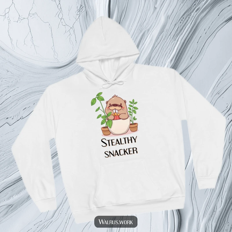 Funny giggling walrus character hiding snacks in a potted plant, while wearing a comfy hoodie.